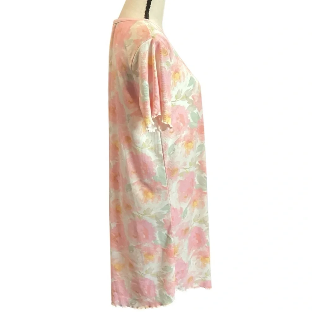 Flora Nikrooz Fine Ribbed Pink Floral‎ Scoop Neck Nightgown Sleep Shirt Small